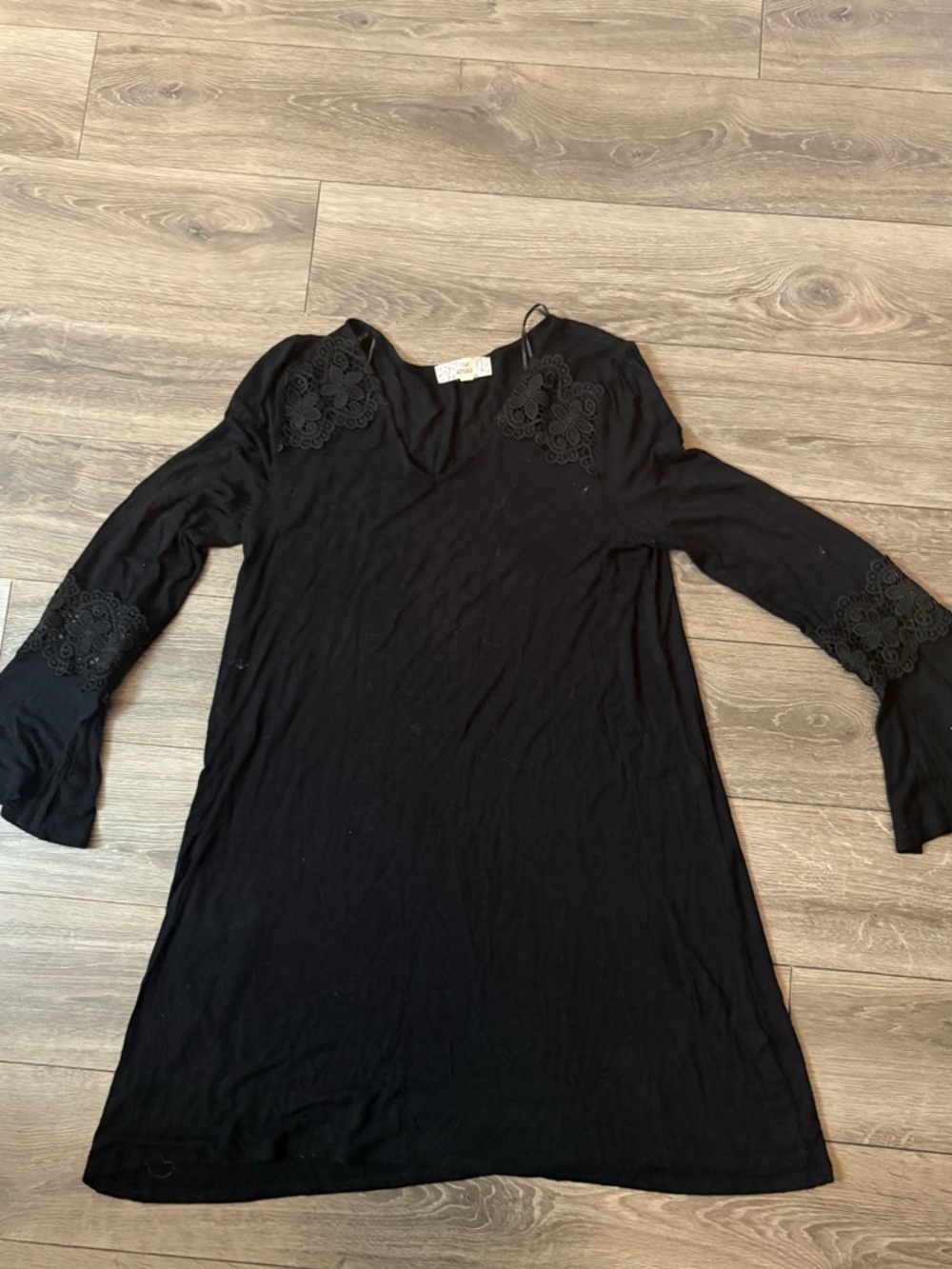 Pink Republic Black V-Neck Long Sleeve Dress with Lace Accents